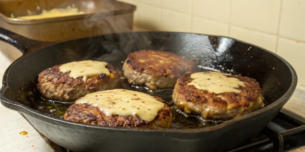 How to make Salisbury steak: searing patties in cast iron skillet