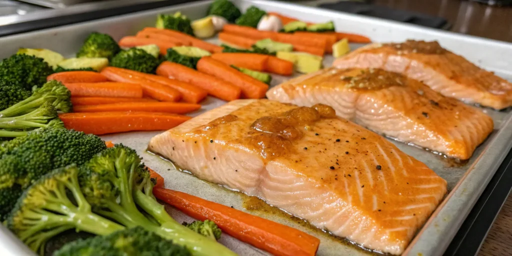 Garlic honey salmon with broccoli and carrots on baking tray before baking
