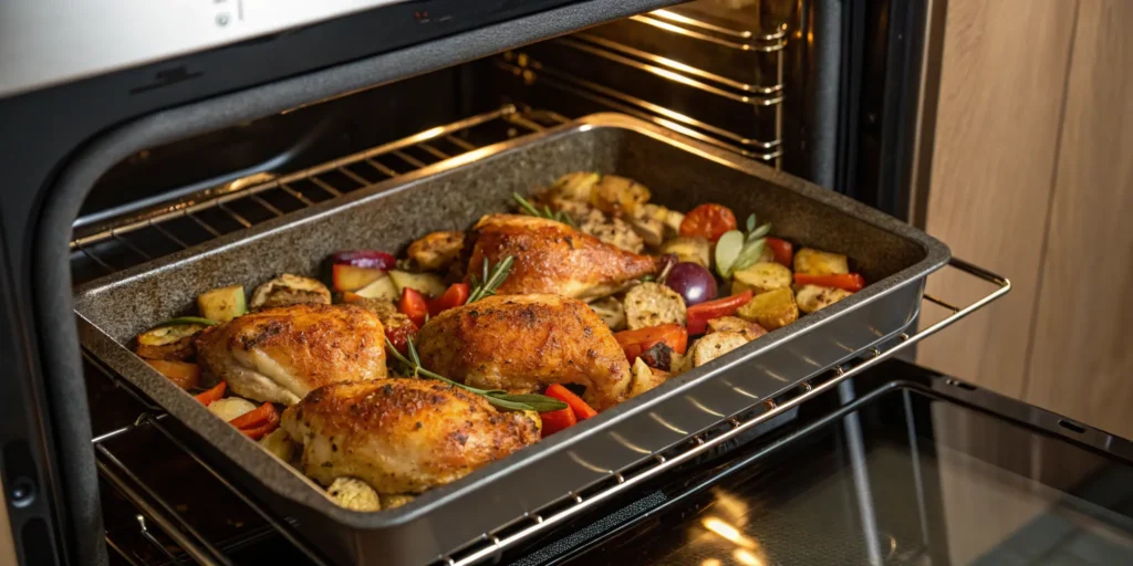 Chicken sheet pan dinner roasting in the oven