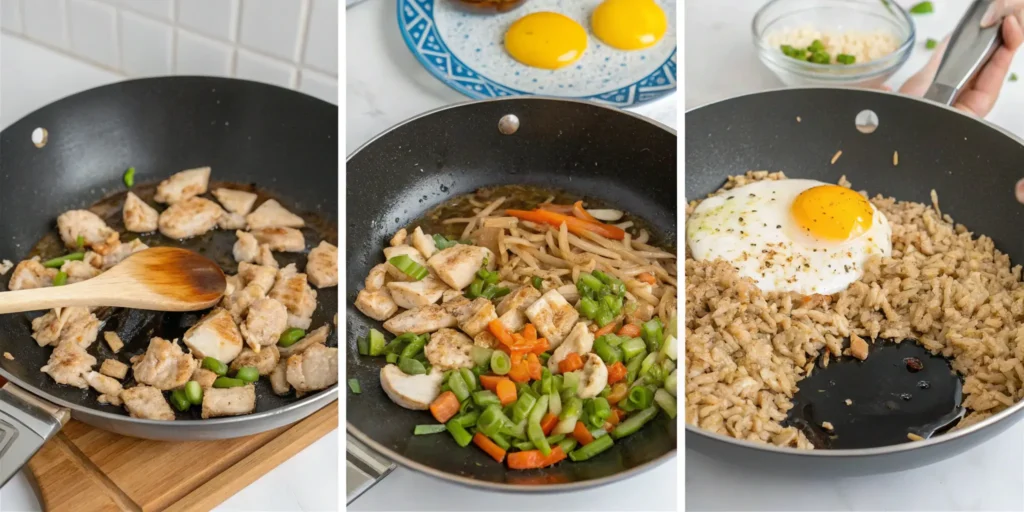 Step-by-step cooking process of chicken fried rice recipe in a skillet