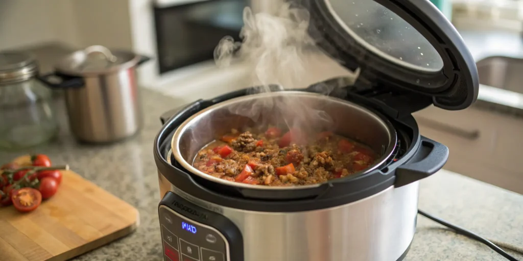 Ground beef soup freshly cooked in an Instant Pot