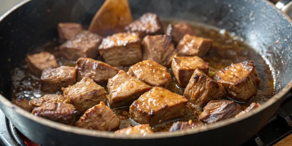 Searing beef cubes to build flavor for beef stew