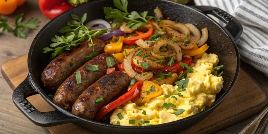 Beef sausage and eggs skillet with vegetables