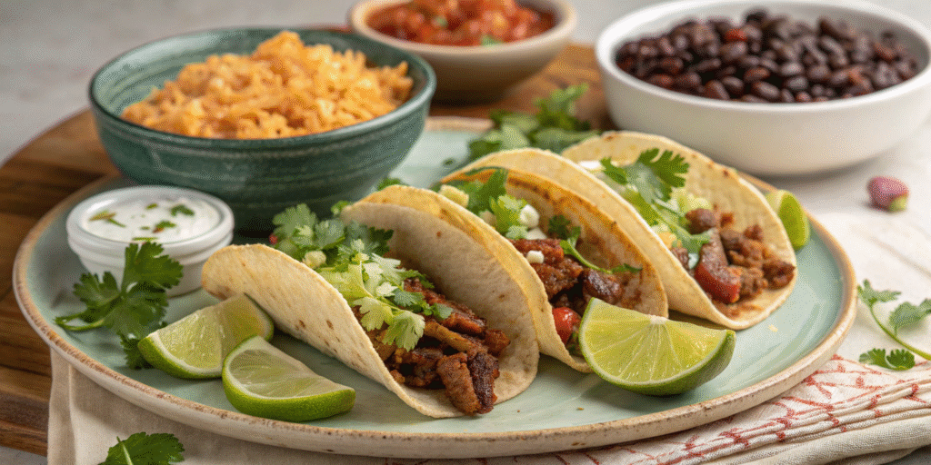 Finished tacos plated with ground beef and sides