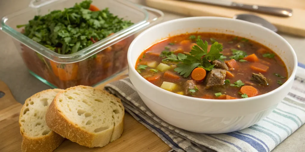 Served bowl of vegetable beef soup with bread and stored leftovers in a glass container