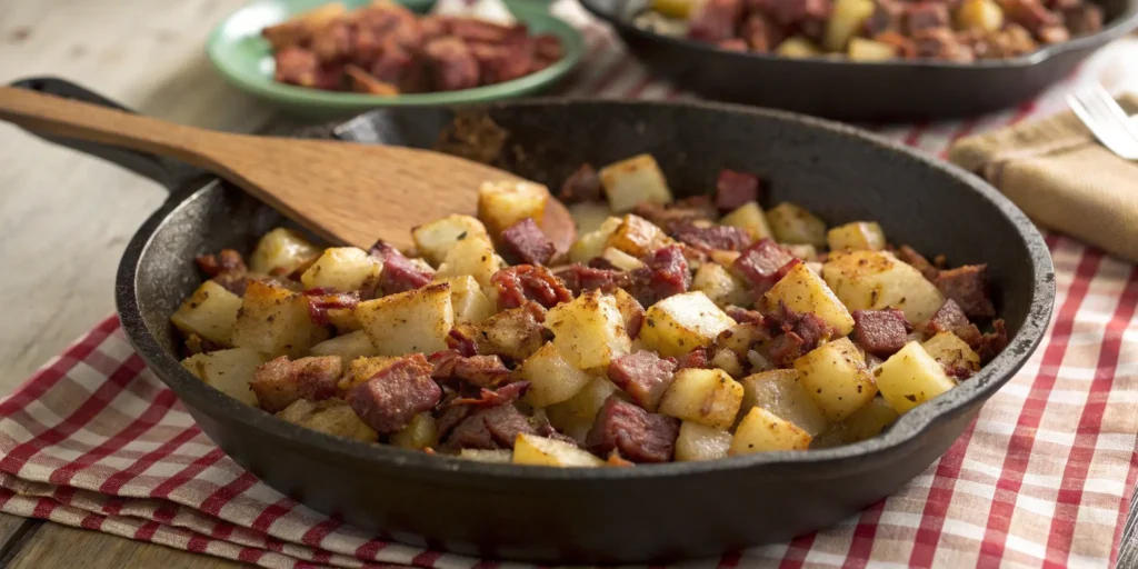 Homemade corned beef hash in cast-iron skillet with crispy edges