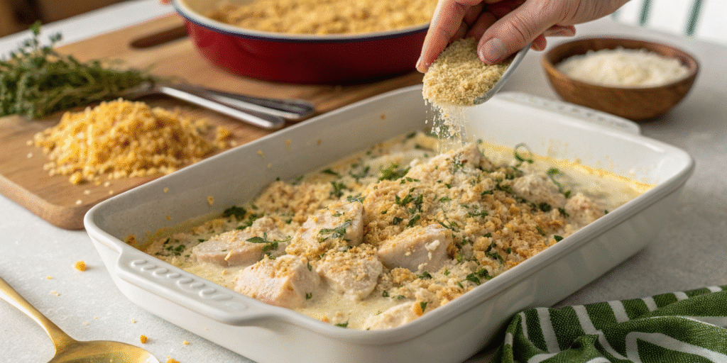 Sprinkling stuffing mix topping on chicken and stuffing casserole before baking