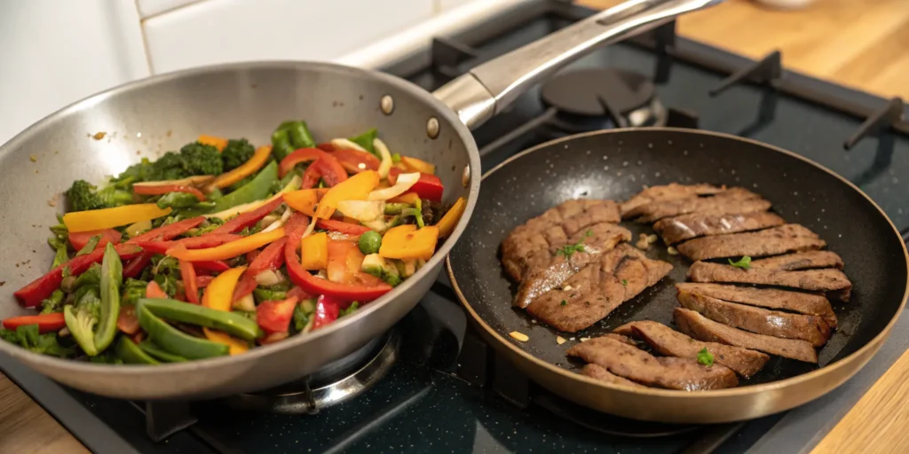 Two pans on stovetop cooking stir fry vegetables and steak separately