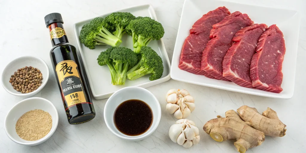 Beef and broccoli stir-fry ingredients arranged on kitchen counter