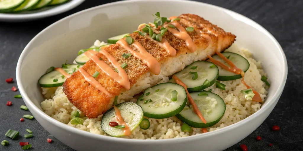 Crispy salmon bowl with cauliflower rice, cucumber, and spicy mayo