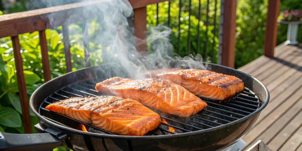 Grilled honey soy salmon with glaze over hot barbecue grill