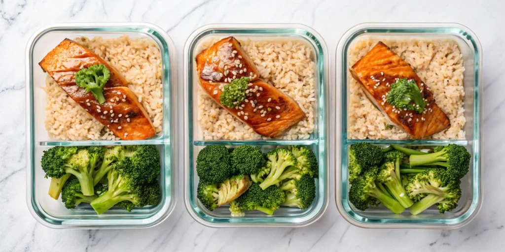 Honey soy salmon meal prep bowls with rice and broccoli