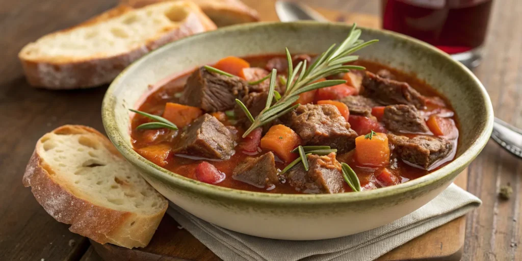 Hearty Tuscan beef stew served with artisan bread