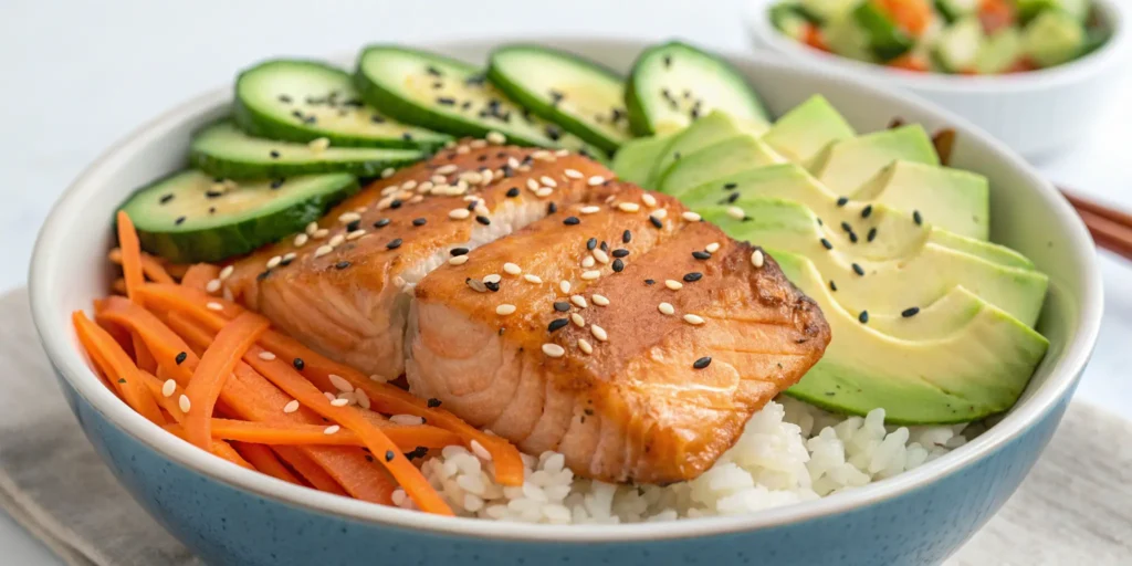 Honey soy salmon rice bowl with vegetables