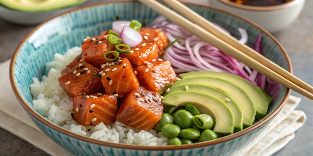 Teriyaki salmon bowl with avocado, garlic edamame, and jasmine rice