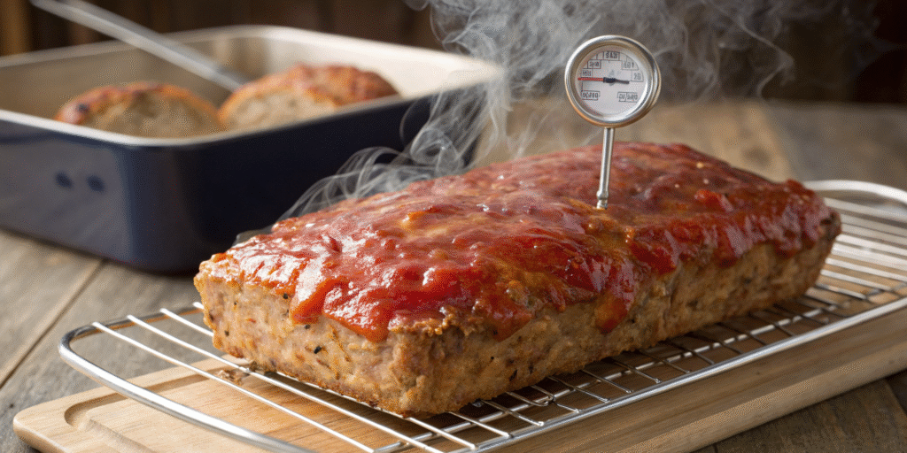 Freshly baked ground chicken meatloaf with tomato glaze and meat thermometer