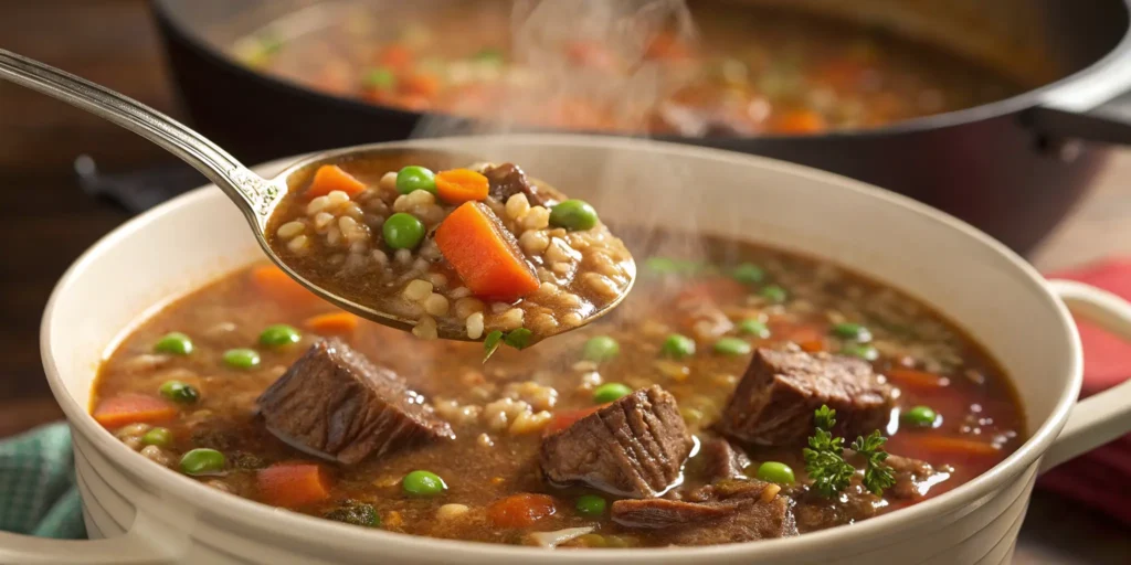 Ladle scooping beef soup with barley and vegetables