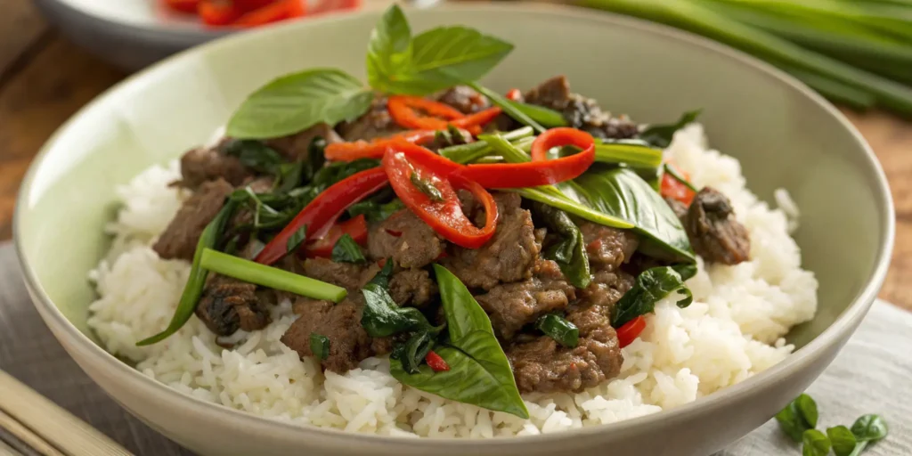 Thai basil beef Asian stir fry recipe with chili and jasmine rice