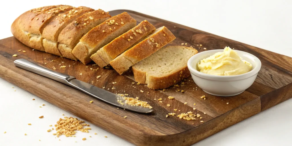 Sliced Outback Steakhouse bread served with whipped honey butter on a wooden board with cornmeal dusting