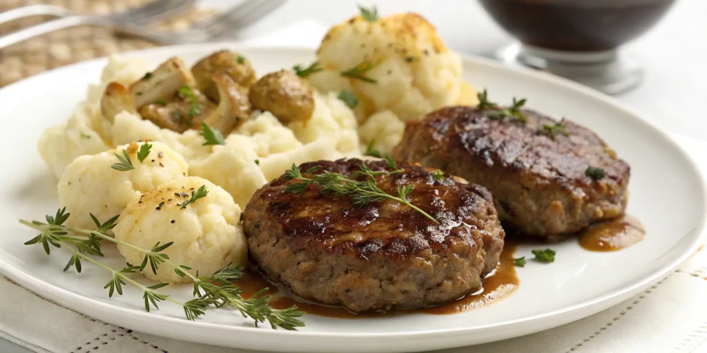 Keto Salisbury steak recipe served with cauliflower mash