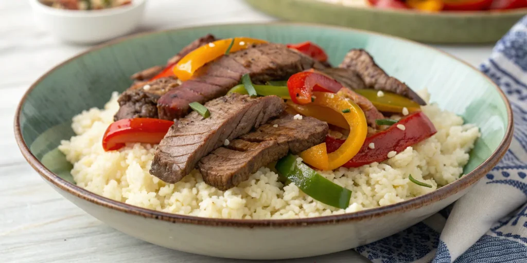 Keto-friendly slow cooker pepper steak over cauliflower rice