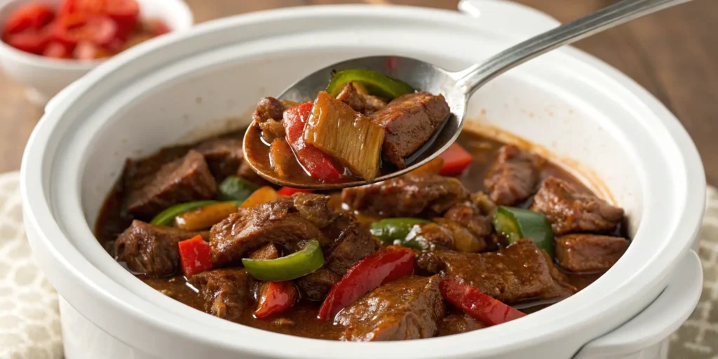 Crockpot Chinese pepper steak in savory sauce