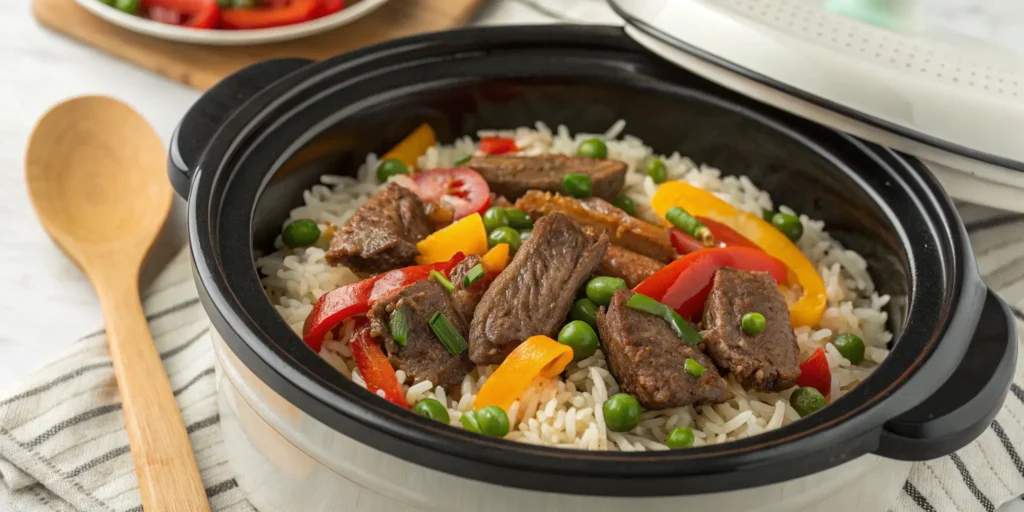 Crock pot pepper steak with rice and vegetables