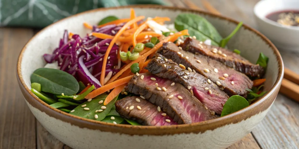 Asian-inspired flank steak salad recipe with sesame ginger dressing