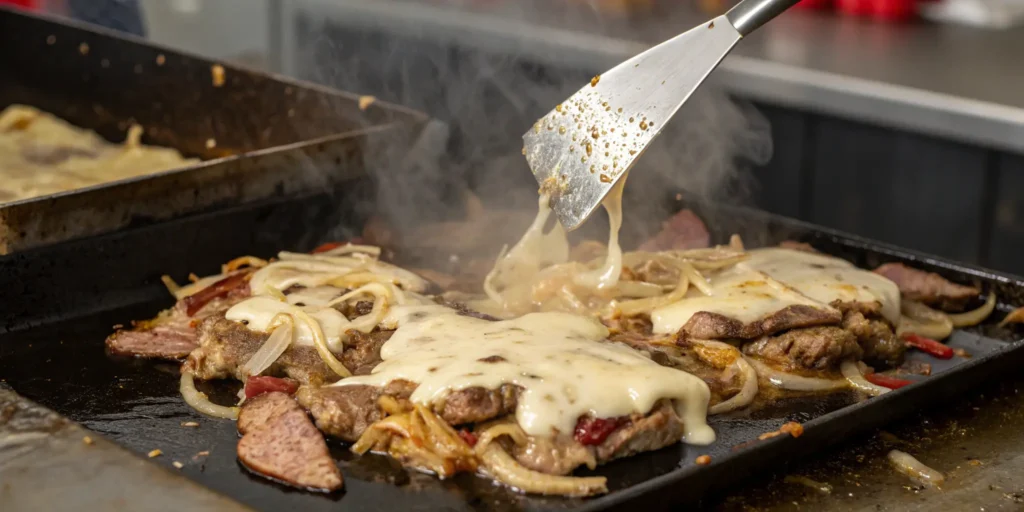 An action shot illustrating the initial preparation steps of the Philly Cheesesteak recipe, focusing on the texture of the meat and the color of the cooked onions
