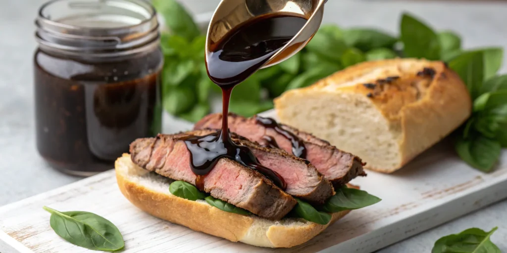 Thick balsamic steak glaze in spoon over sandwich; Steak Sandwich Sauce