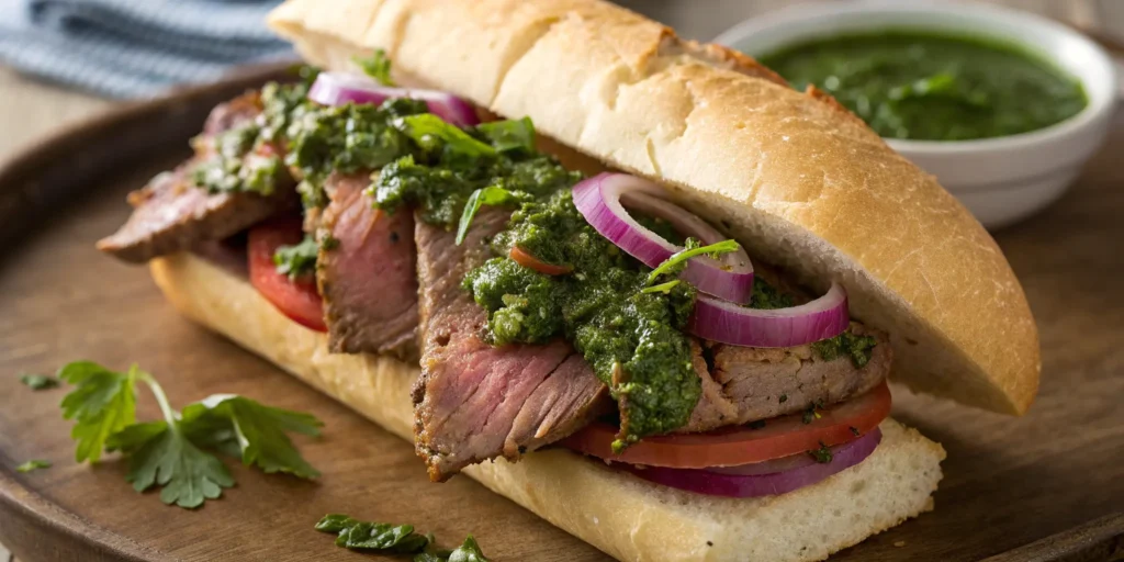 Spicy chimichurri steak sandwich with fresh herbs and toasted baguette – steak sandwich recipes
