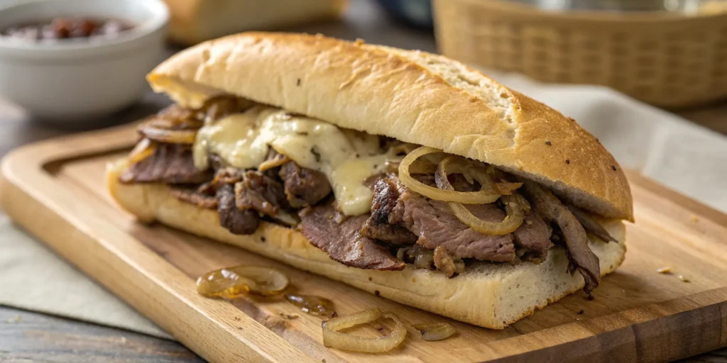 Fully assembled Philly cheesesteak sandwich with seasoned steak, melted cheese, and sautéed onions