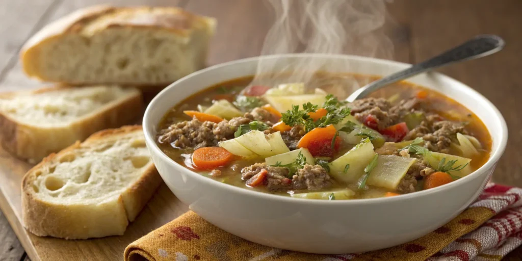 Hearty cabbage and ground beef soup served hot with vegetables and bread - Cabbage and Ground Beef Recipes