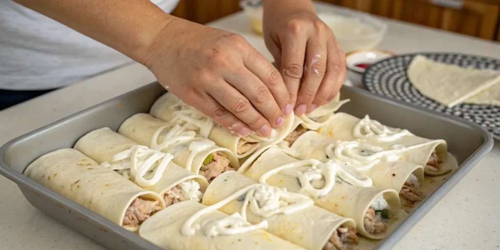 Rolling creamy white chicken enchiladas before baking