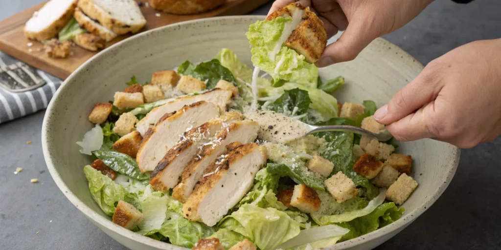 Tossing grilled chicken Caesar salad with fresh ingredients