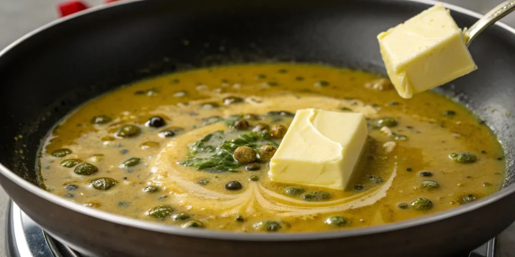 Cold butter added to lemon caper sauce for easy chicken piccata