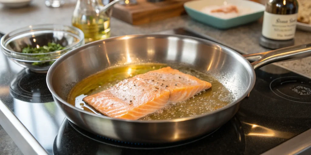Preheating pan with oil before frying salmon