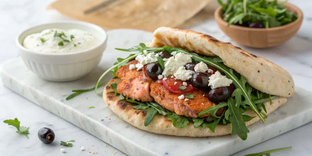 Mediterranean salmon burger in pita with feta and tzatziki - Salmon Burgers Recipe