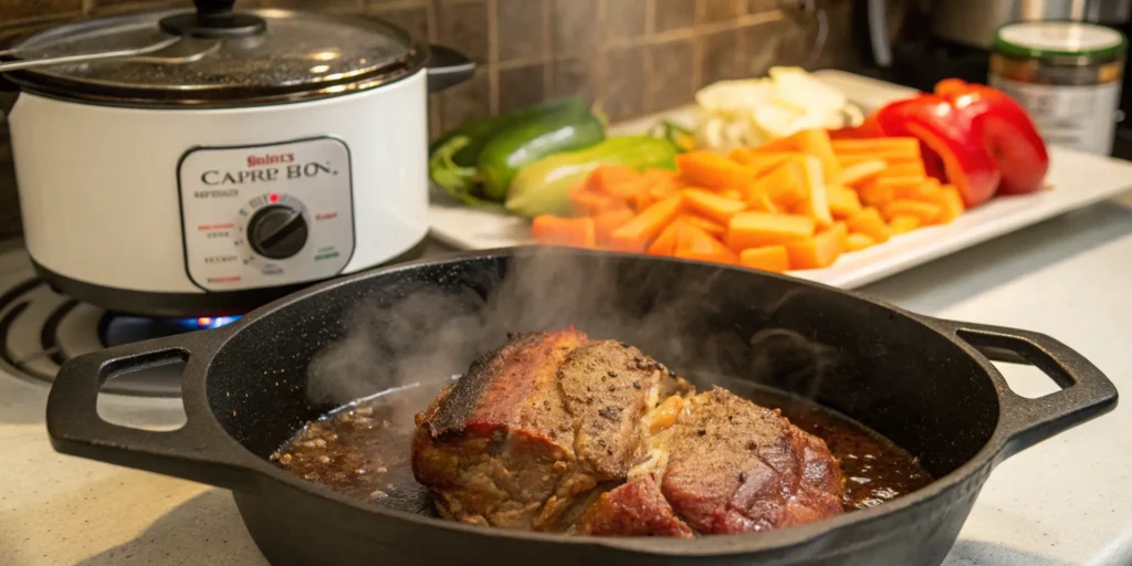 Browning beef chuck roast in skillet before slow cooking Italian beef