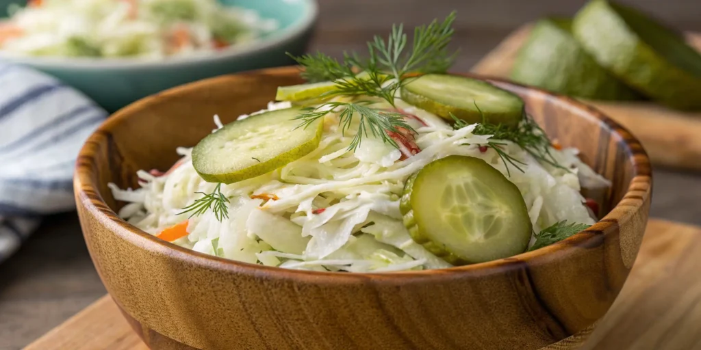 Tangy dill pickle slaw with shredded cabbage and fresh dill for salmon burgers - Salmon Burger Toppings