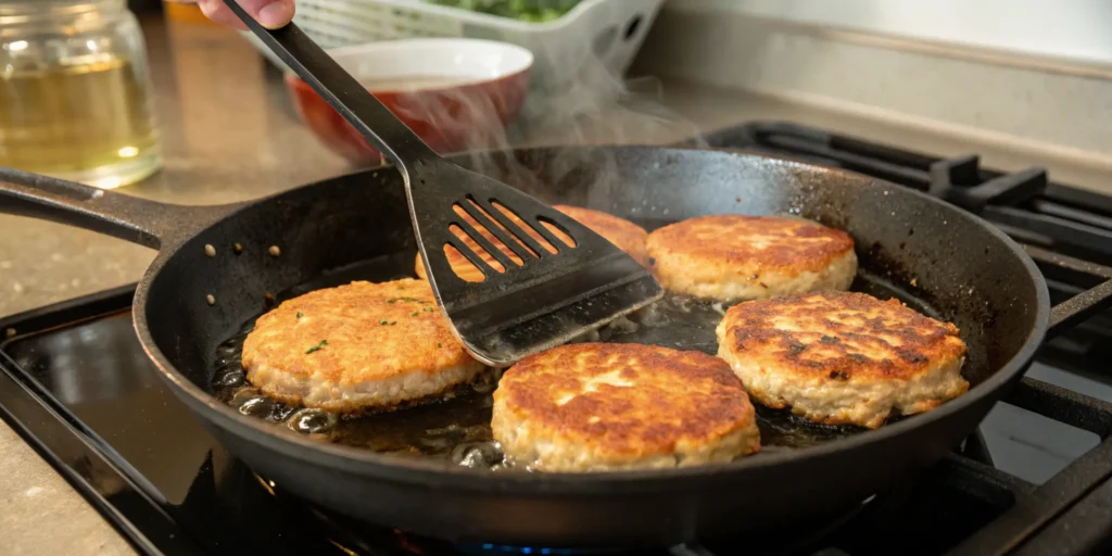 Salmon burgers with canned salmon cooking in a skillet with golden crust