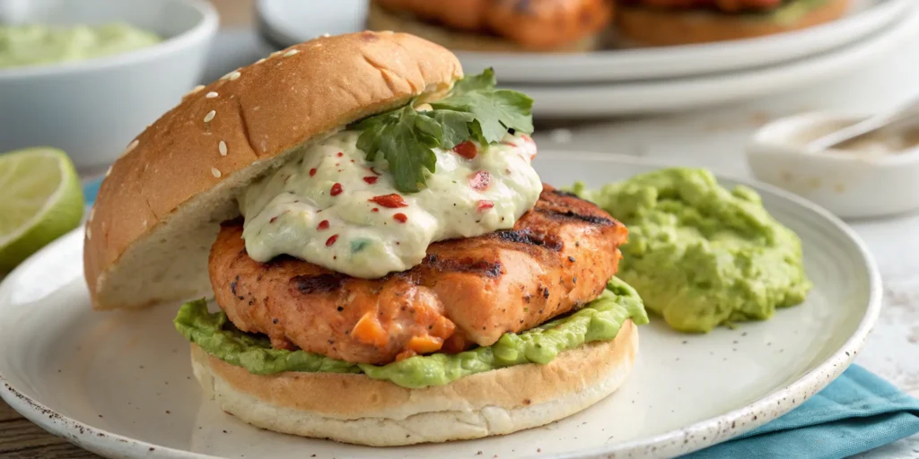 Spicy sriracha salmon fish burger with cooling avocado crema, a flavorful and adventurous choice