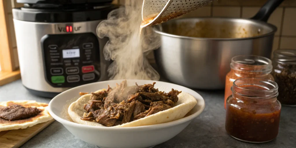 Tender shredded beef shawarma meat recipe from Instant Pot with broth
