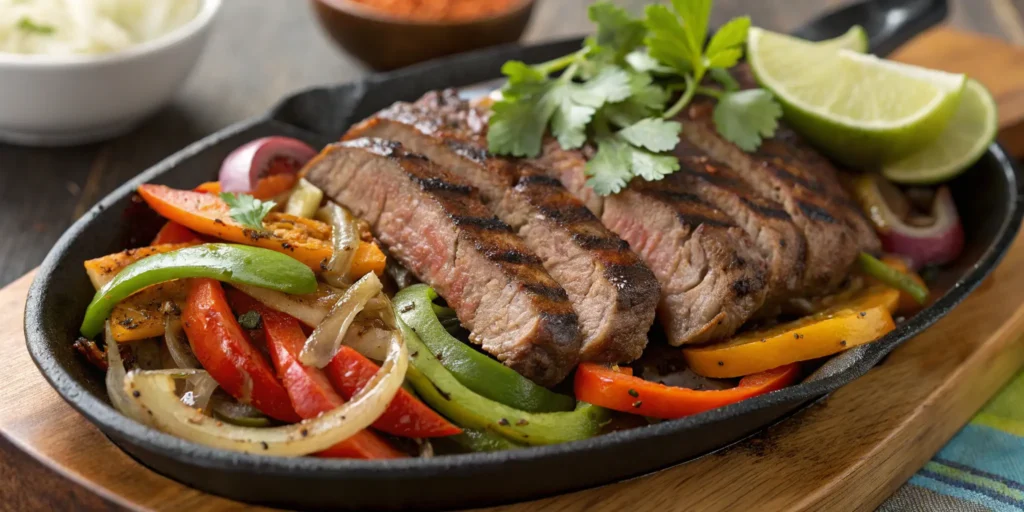 Cooked fajita steak served with peppers and onions after marinating