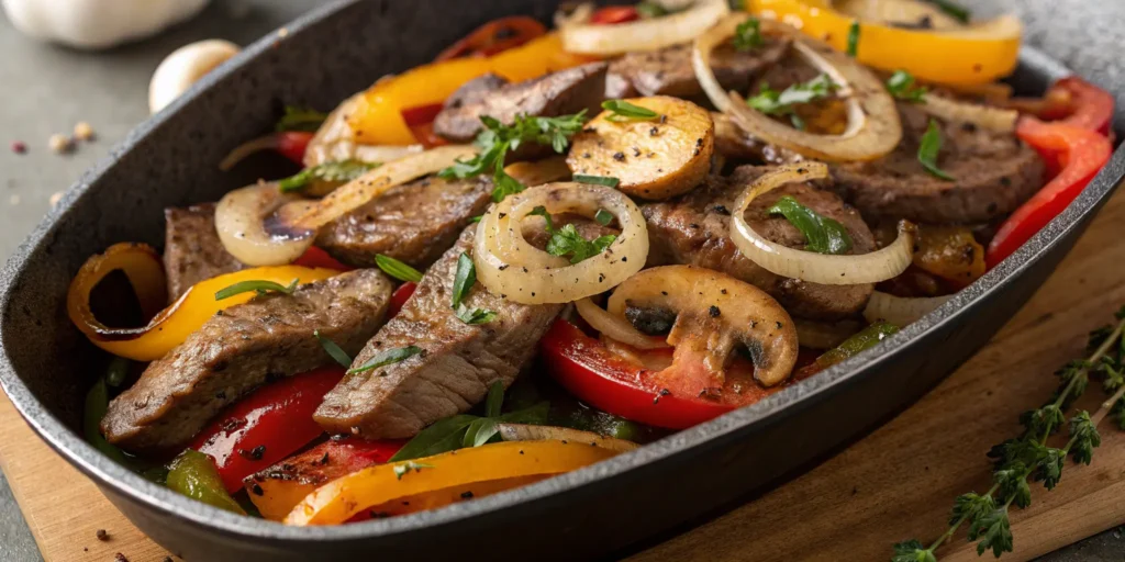 Pepper steak with onion and mushrooms, a savory dish with tender beef and vegetables