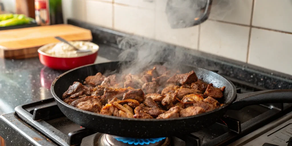Beef shawarma searing in hot cast iron skillet