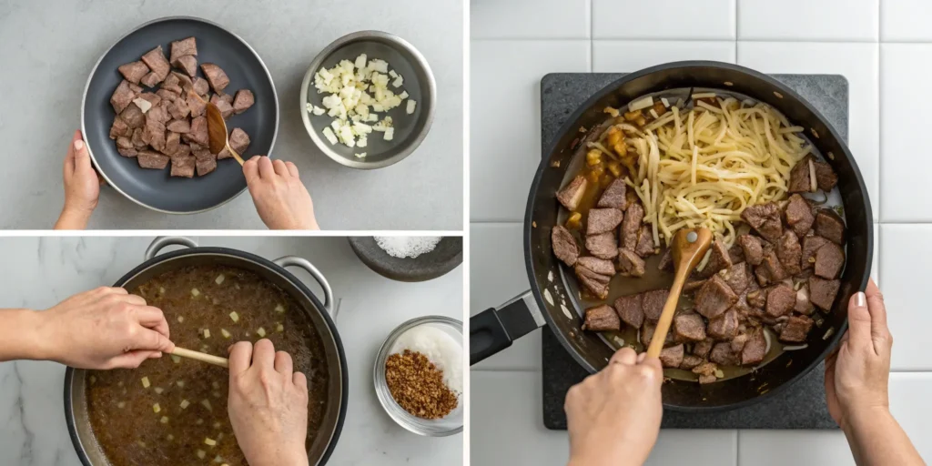 Step-by-step process of cooking beef and noodles in stages