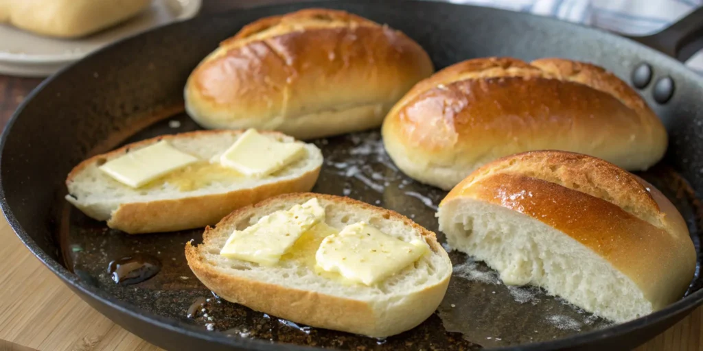 Toasted hoagie rolls brushed with butter for Philly cheese steak sandwich