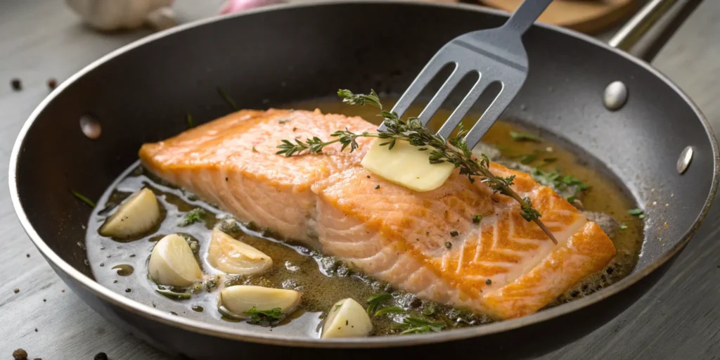 Flipping pan fried salmon fillet while basting with melted butter, garlic, and thyme