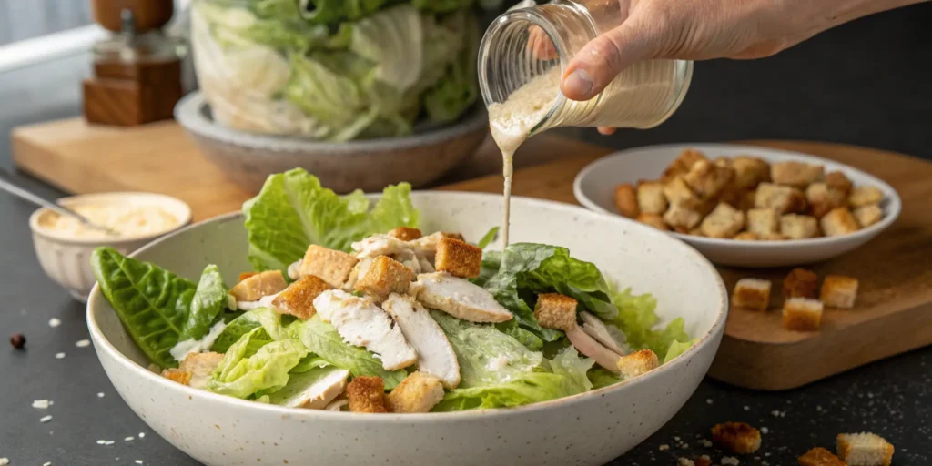 Assembling chicken Caesar salad recipe with dressing and toppings